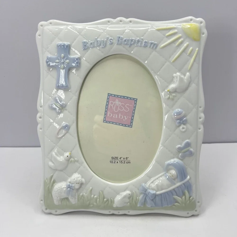 Russ Baby Baptism Photo Frame 4x6 Ceramic Blue and White Christening Shower Gift